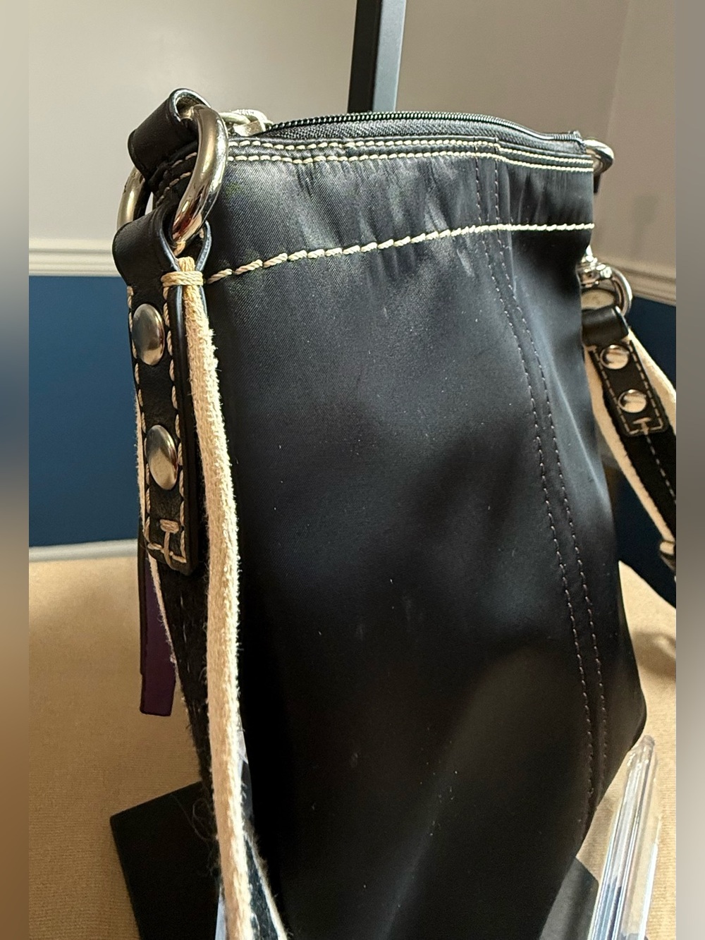 Coach Black Crossbody Bag with White-Trim Strap and Lavender lining. - Picture 8 of 9